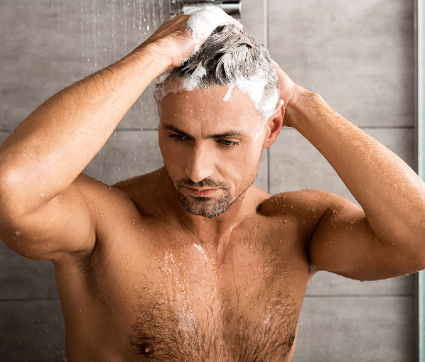 men taking shower hair
